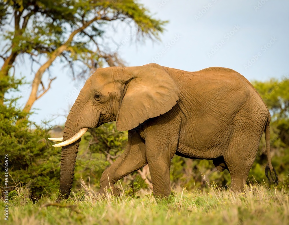 Obraz premium Majestic African Elephant Walking Through Grassland in Natural Habitat