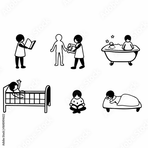 Collection of child activities icons isolated on white background, reading, bathing and sleeping