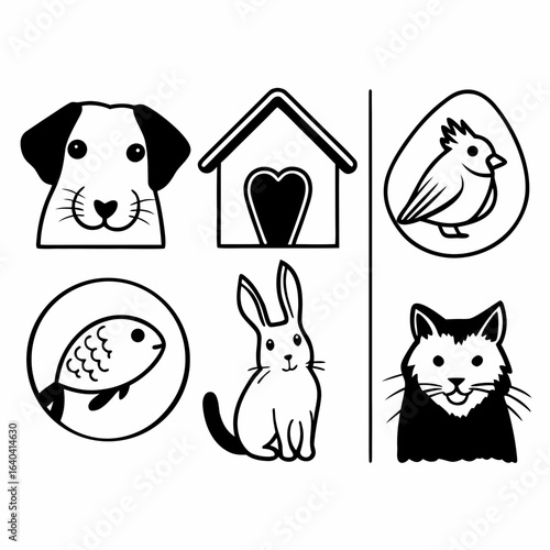 Collection of pets and their house isolated on white background, including dog, cat, bird, rabbit, and fish