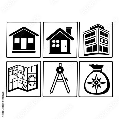 Illustration of house, building, map, compass, architecture, real estate isolated on white background