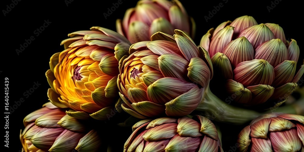 Obraz premium Raw artichokes, dark background, close-up, vibrant green hues, culinary, vegetable