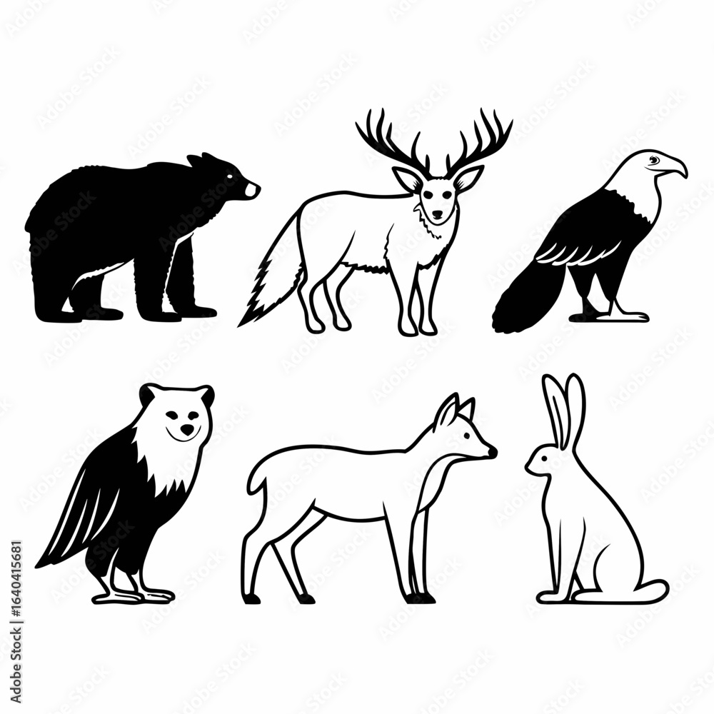 Obraz premium Illustration of a bear, deer, eagle, fox, and hare isolated on white background in black and white style