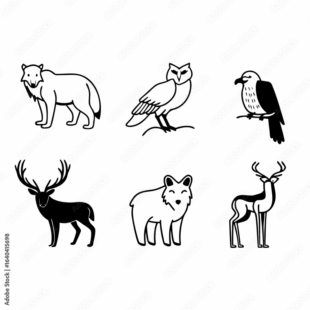 Obraz premium Illustration of wolf, owl, eagle and deer isolated on white background, vector illustration