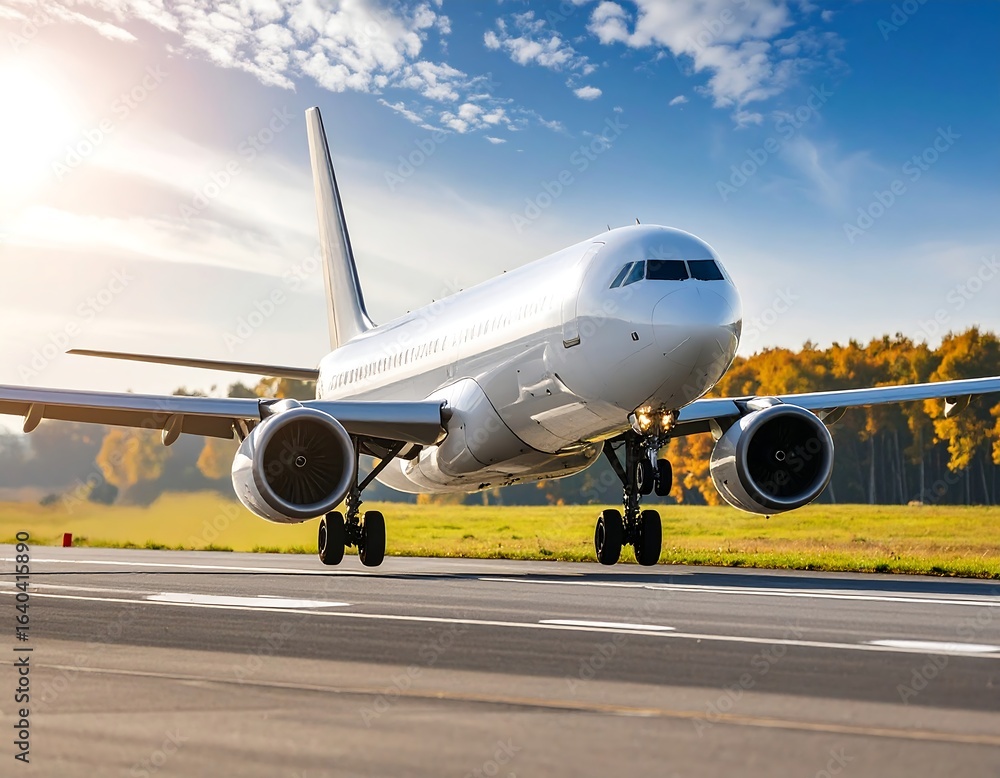 Fototapeta premium A white passenger jet lands on a runway, autumn trees in the background