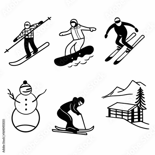Collection of winter sports and recreation icons isolated on white background, featuring skiing and snowboarding