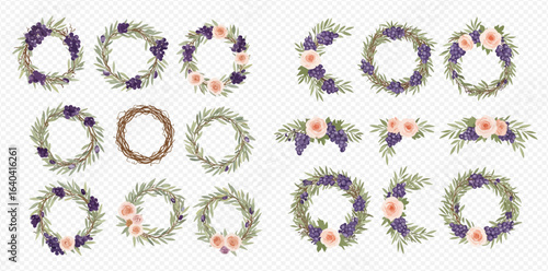 A beautiful collection of illustrated floral wreaths and arrangements with purple and pink flowers.