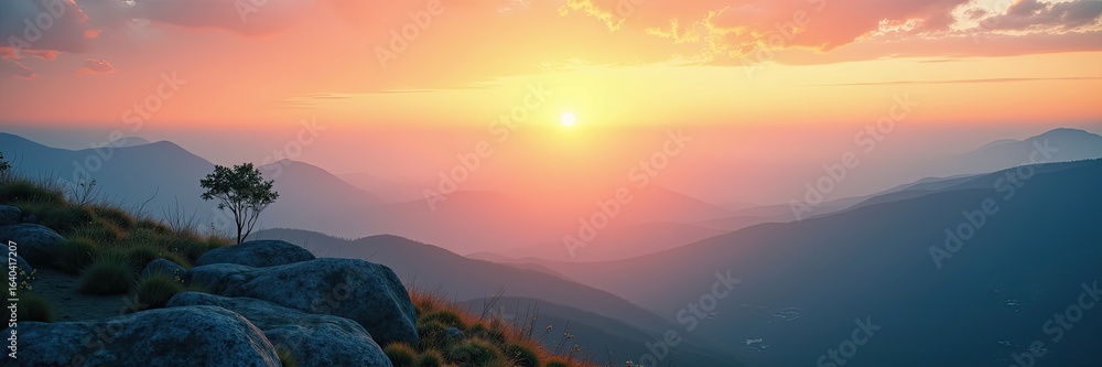 Fototapeta premium Mountain vista at sunset with colorful sky.