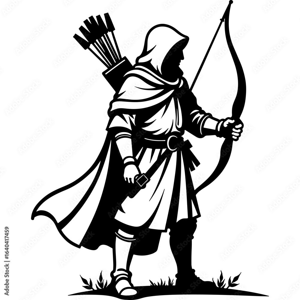 Obraz premium Sketchy emblem of fish hunter archer looks out for prey. Engraving minimalistic vector in black ink drawing on transparent background