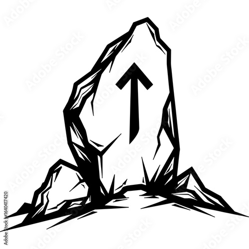 Sketchy emblem of Arrow sign painted on a roadside boulder. Engraving minimalistic vector in black ink drawing on transparent background