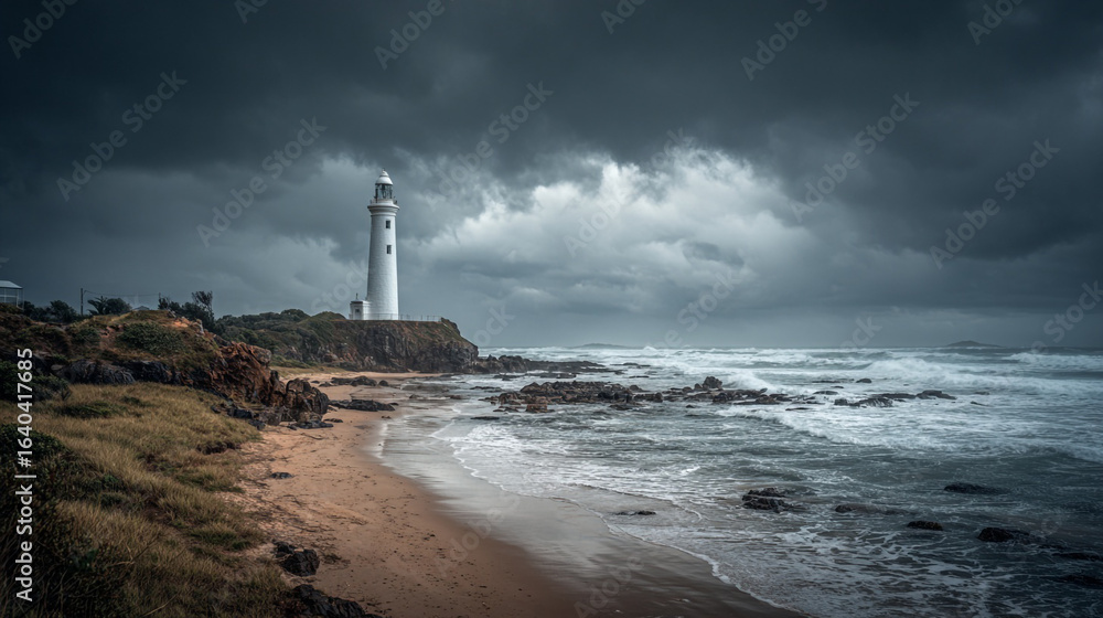A lighthouse stands tall on a rocky coast under a dramatic and cloudy sky view A lighthouse stands tall on a rocky coast under a dramatic and cloudy sky view