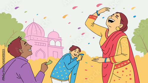 Celebrating indian festival with family enjoying holi festival of colors with traditional clothes and sweets