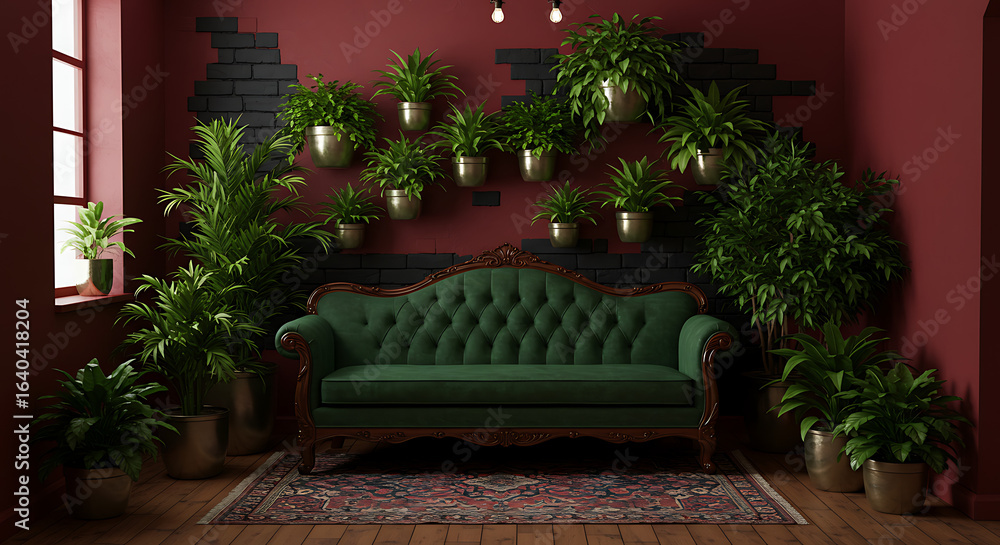Obraz premium Luxurious vintage green velvet sofa surrounded by lush potted plants in elegant room