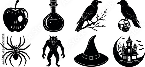 Set of Halloween silhouettes perfect for vector designs Vector illustration. Collection of Halloween vector elements