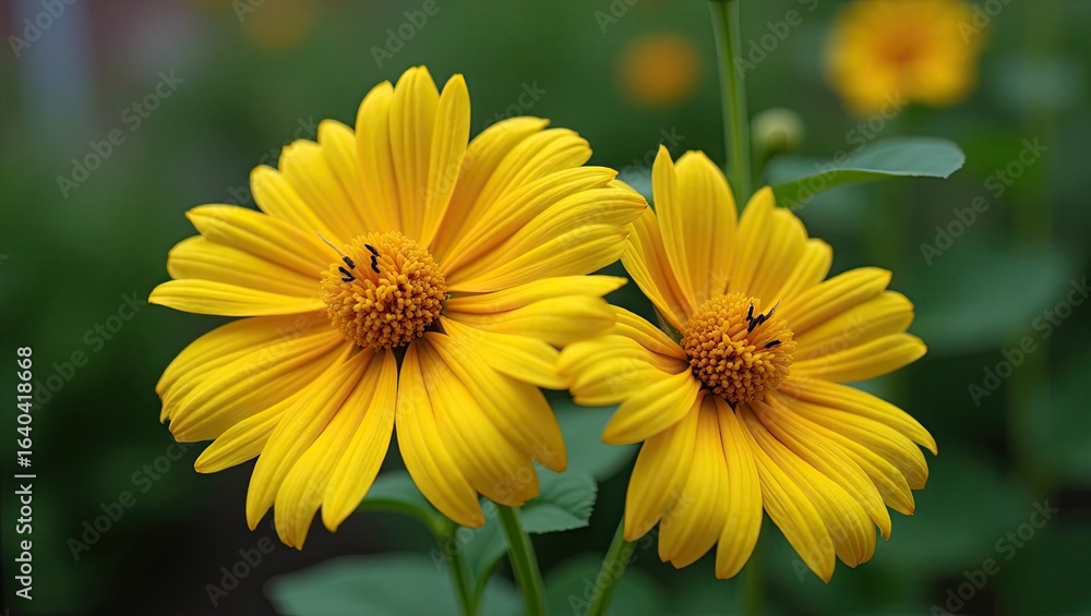 Fototapeta premium Two vibrant yellow flowers in a garden setting.