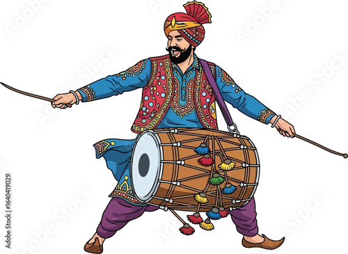 Vibrant Punjabi musician energetically plays traditional dhol drum at festival