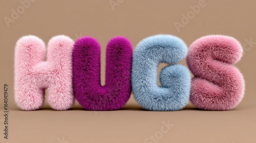 Colorful Furry Text Spelling 'HUGS' on Brown Background