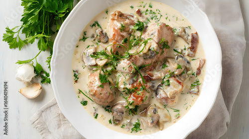 Delicious Chicken Fricassee with Tarragon and Mushrooms in Creamy Sauce on Rustic White Table