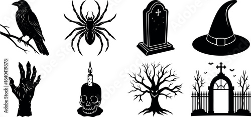 Set of Halloween silhouettes perfect for vector designs Vector illustration. Collection of Halloween vector elements