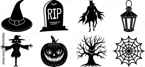 Set of Halloween silhouettes perfect for vector designs Vector illustration. Collection of Halloween vector elements