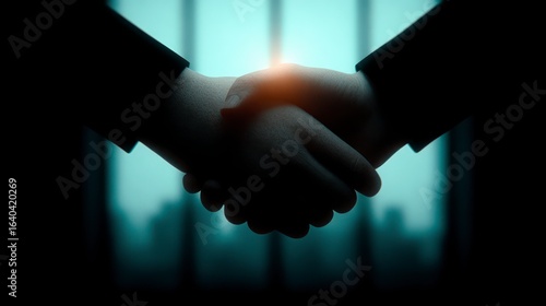 Wallpaper Mural Two business people shaking hands in a dimly lit room with a bright light behind them Torontodigital.ca