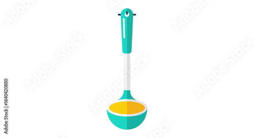 Vibrant teal soup ladle filled with golden broth on a white backdrop
