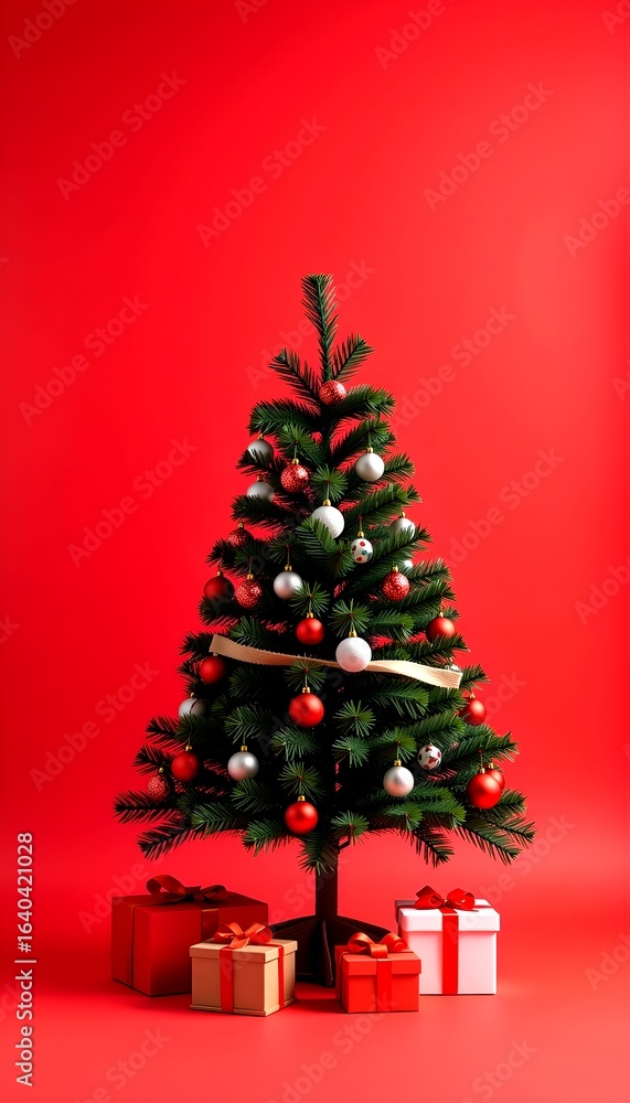 A festive Christmas tree adorned with ornaments and gifts, set against a vibrant red backdrop A festive Christmas tree adorned with ornaments and gifts, set against a vibrant red backdrop