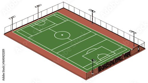 Isometric view of soccer field football pitch with green grass running track and lighting for sports complex