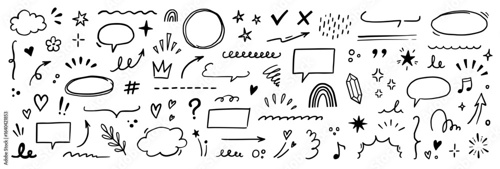 custom made wallpaper toronto digitalLine brush heart vector set. Hand drawn sketch doodle style arrow, cloud, star with marker stroke pencil highlight. Cute handwritten crown, heart, star line brush art design. Vector illustration