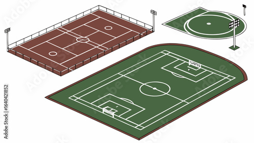 Isometric view of sports fields illustration for soccer baseball and tennis court design and sport complex planning