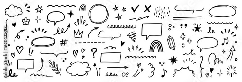Wallpaper Mural Line brush heart vector set. Hand drawn sketch doodle style arrow, cloud, star with marker stroke pencil highlight. Cute handwritten crown, heart, star line brush art design. Vector illustration Torontodigital.ca