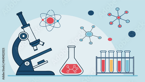 Illustration of science lab equipment including microscope test tubes and molecules for scientific research
