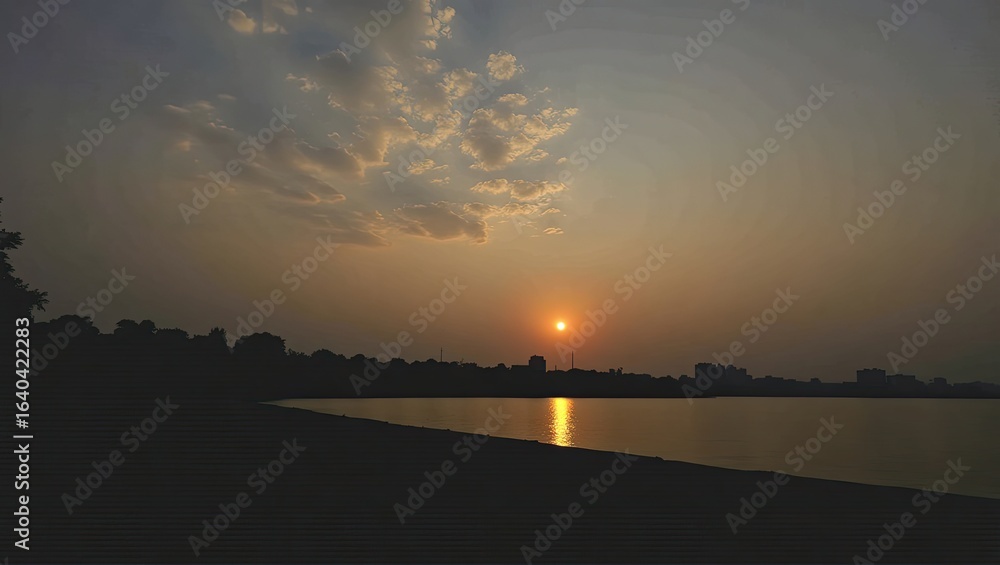 Fototapeta premium Sunset over a tranquil lake with a city skyline.