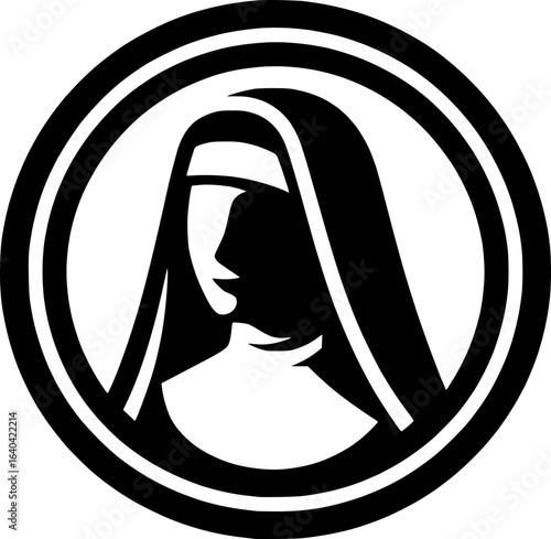 Minimalist black and white nun icon, clean lines and modern style, perfect for religious logos, stickers, or scalable digital use.