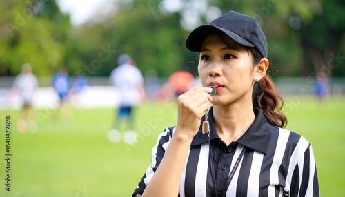 A female referee blows a whistle on a blurry green field with out-of-focus players in the background