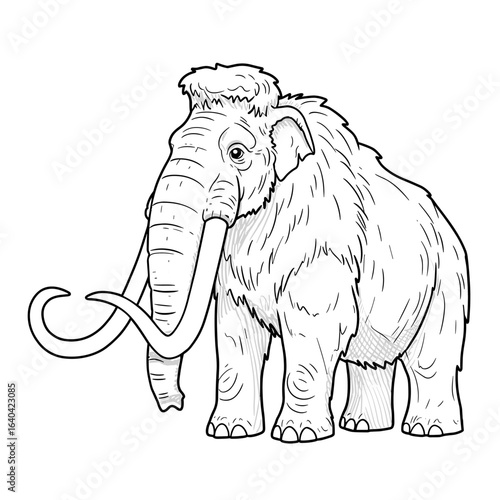 Detailed black-and-white drawing of a woolly mammoth with long tusks, shaggy fur, and a large trunk.
