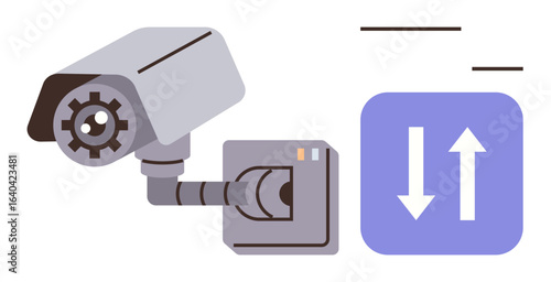 Security camera alongside data flow arrows indicating monitoring and adjustments. Focus on surveillance, privacy, data exchange, safety, automation, technology, observation. Ideal for tech security