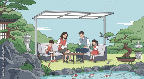 A family relaxes on a sofa under a canopy in a Japanese garden with a pond rocks and bonsai trees