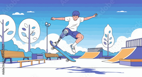 A man with a prosthetic leg skateboards at a park on a sunny day capturing the scene with simple graphic style