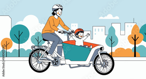 A person cycles with a child in a cargo bike through a city park