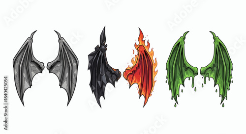 A set of three distinct pairs of dragon wings each with unique elemental themes stone fire and slime