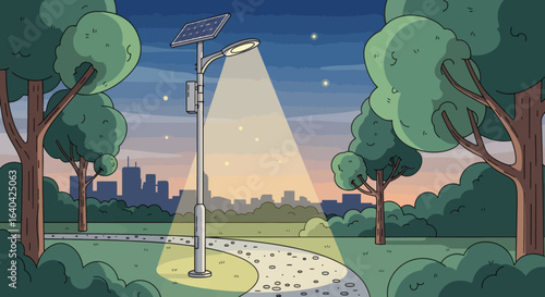 A solar street lamp illuminates a park path at dusk with a city skyline in the background