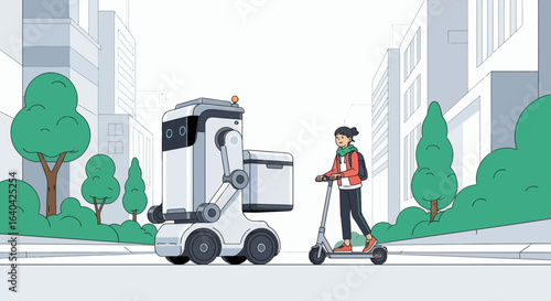 A woman on a scooter and a delivery robot share a street in a cityscape with trees