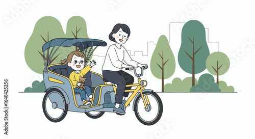 A woman pedals a child in a blue  yellow sidecar bike through a park
