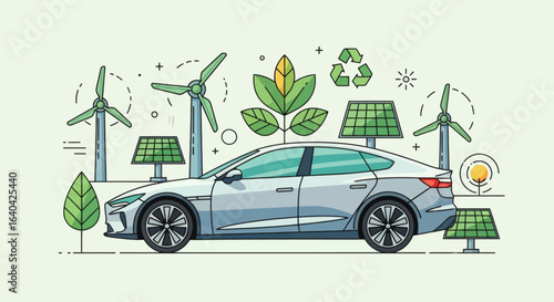 Car is framed by solar panels recycle symbol wind turbines and leaves