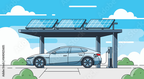 Electric car charges under solar panel canopy on a sunny day