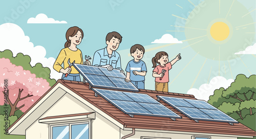 Family installs solar panels on a house roof under a sunny sky with nearby trees
