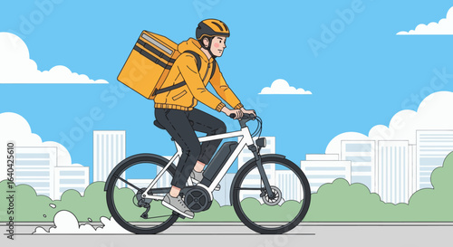 Delivery biker cycles Backpack helmet  electric bike Buildings blue sky  clouds