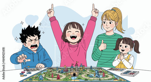 Four cartoon children playing a castlethemed board game one ecstatic one frustrated others supportive