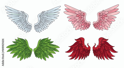 Four pairs of stylized wings in white pink green and red arranged in a grid on a white background