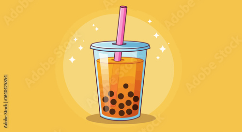 a bubble tea cup with pearls and colorful straw